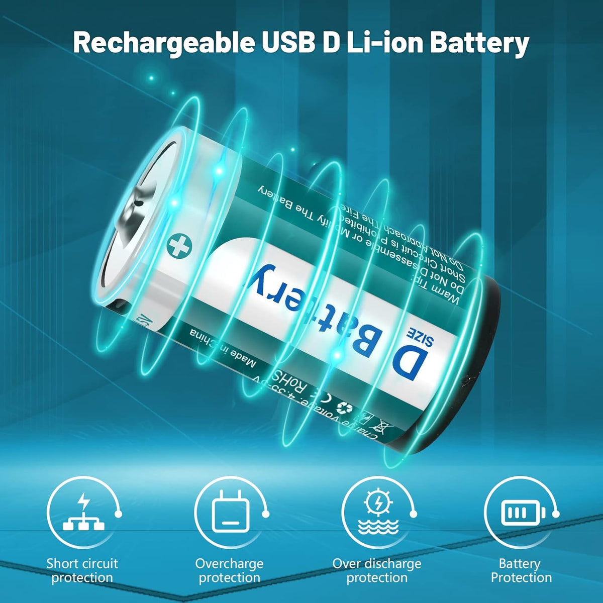 D Size Rechargeable Lithium Batteries with USB-C Charging Cable B472238