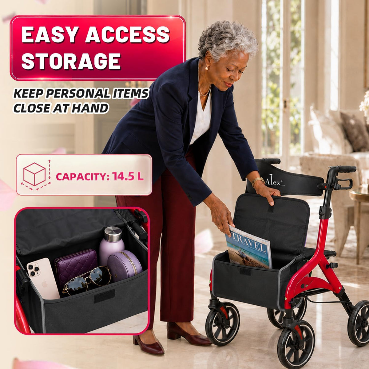 Foldable Red Rollator Walker with Seat Z8028