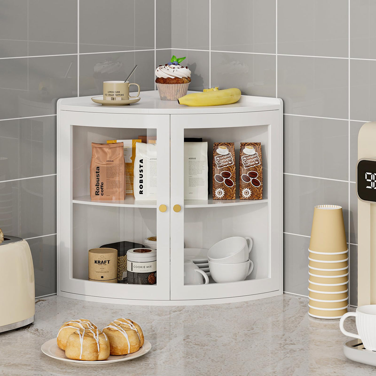 White Double Layer Large Bread Box with Acrylic Doors T157123