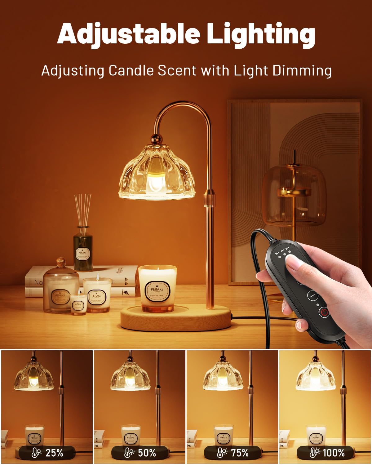 Candle Warmer Lamp with Timer Dimmer, Height Adjustable, Amber Lampshade, 2 Bulbs G475537
