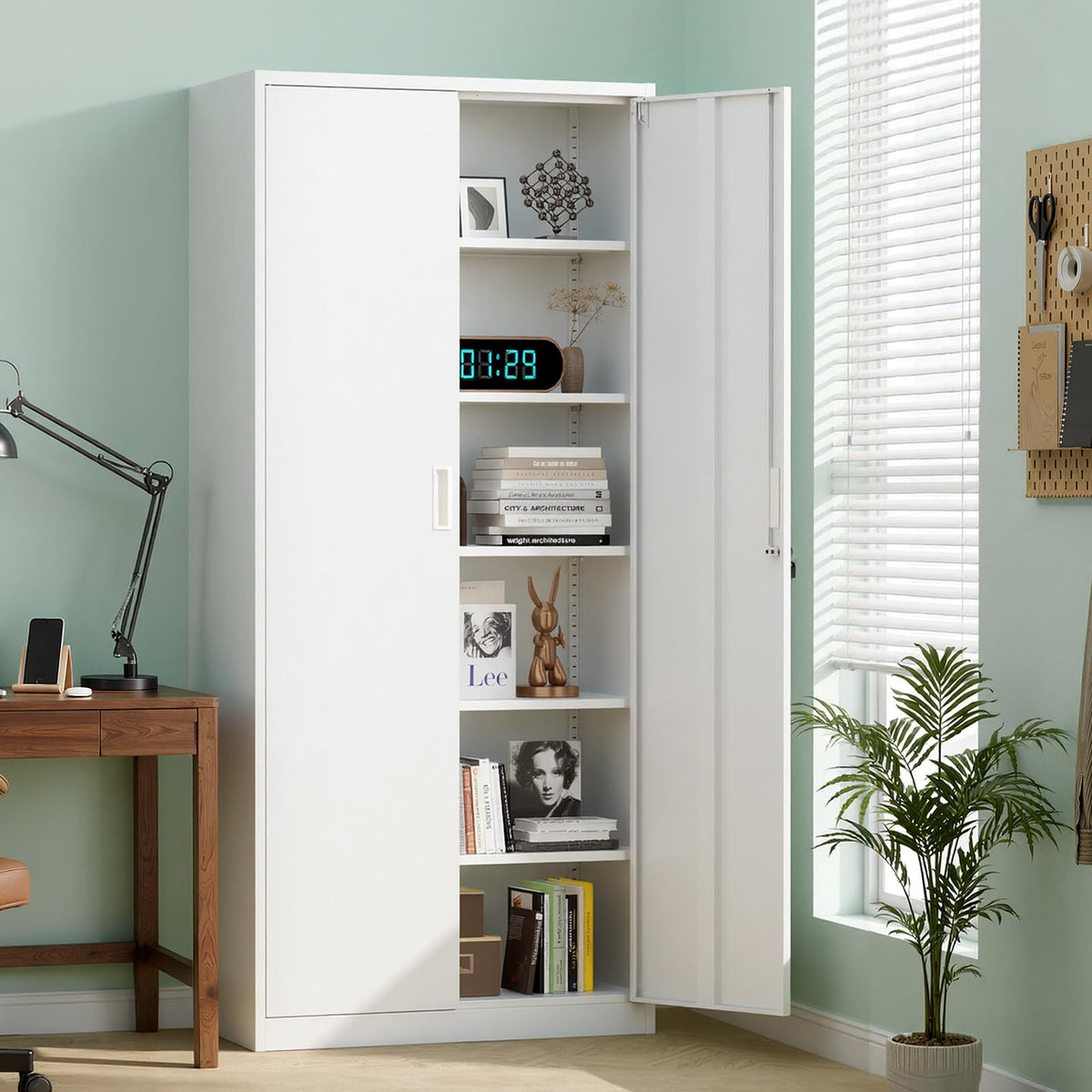 White Metal Storage Cabinet with 2 Doors and 5 Adjustable Shelves R78482