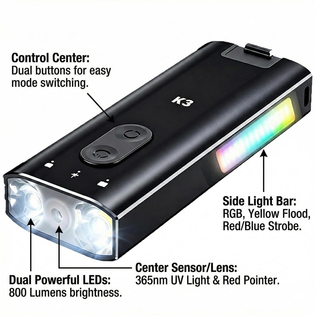 800 Lumens Rechargeable EDC Keychain Flashlight with UV & Red LED I14005