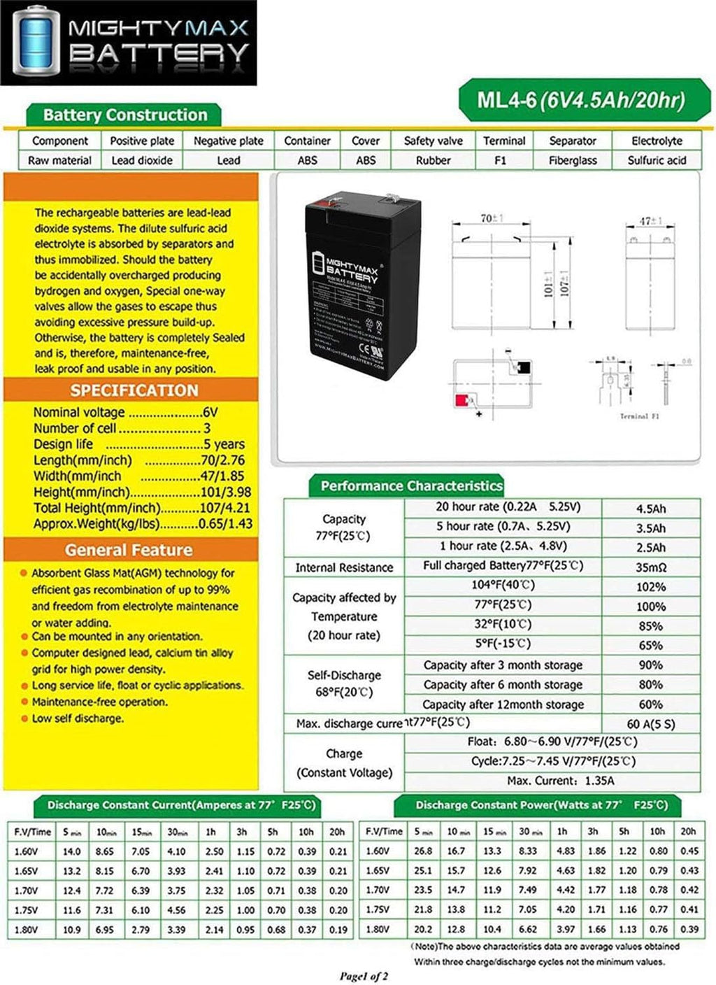 6V 4.5AH Replacement Battery 2 Pack F464337