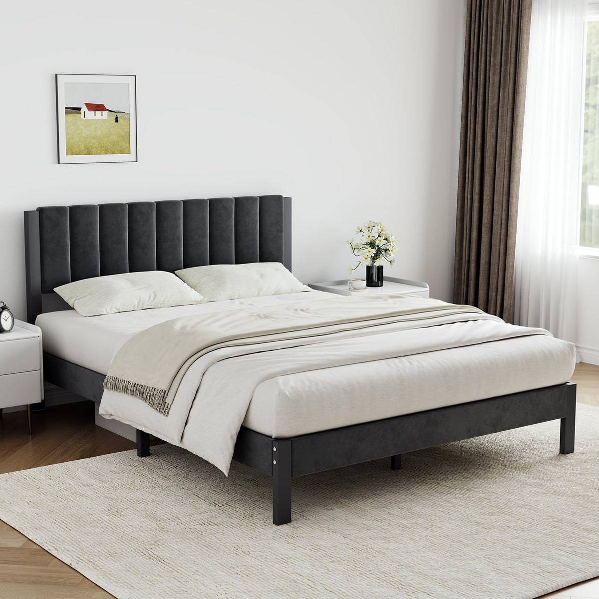 Full Size Metal Platform Bed Frame with Velvet Black Headboard and Footboard A2870