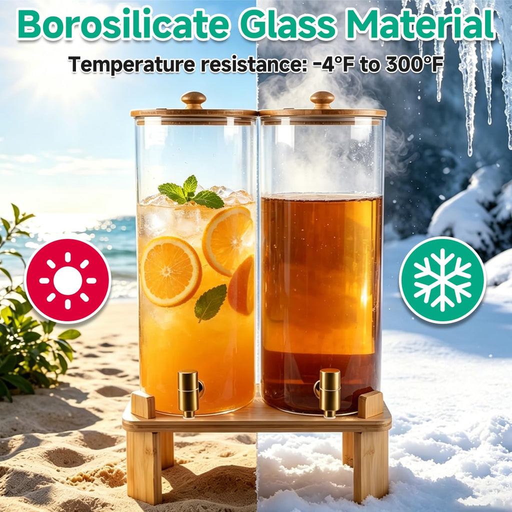 2 Gallon Glass Beverage Dispenser with Spigot and Bamboo Stand D758