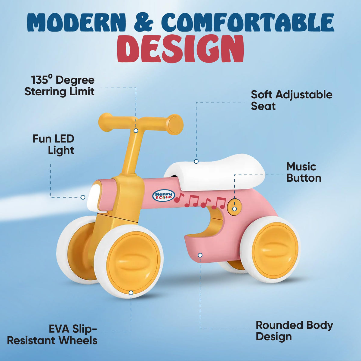 4 Wheel Toddler Balance Bike with Lights Music Soft Seat Pink D42152
