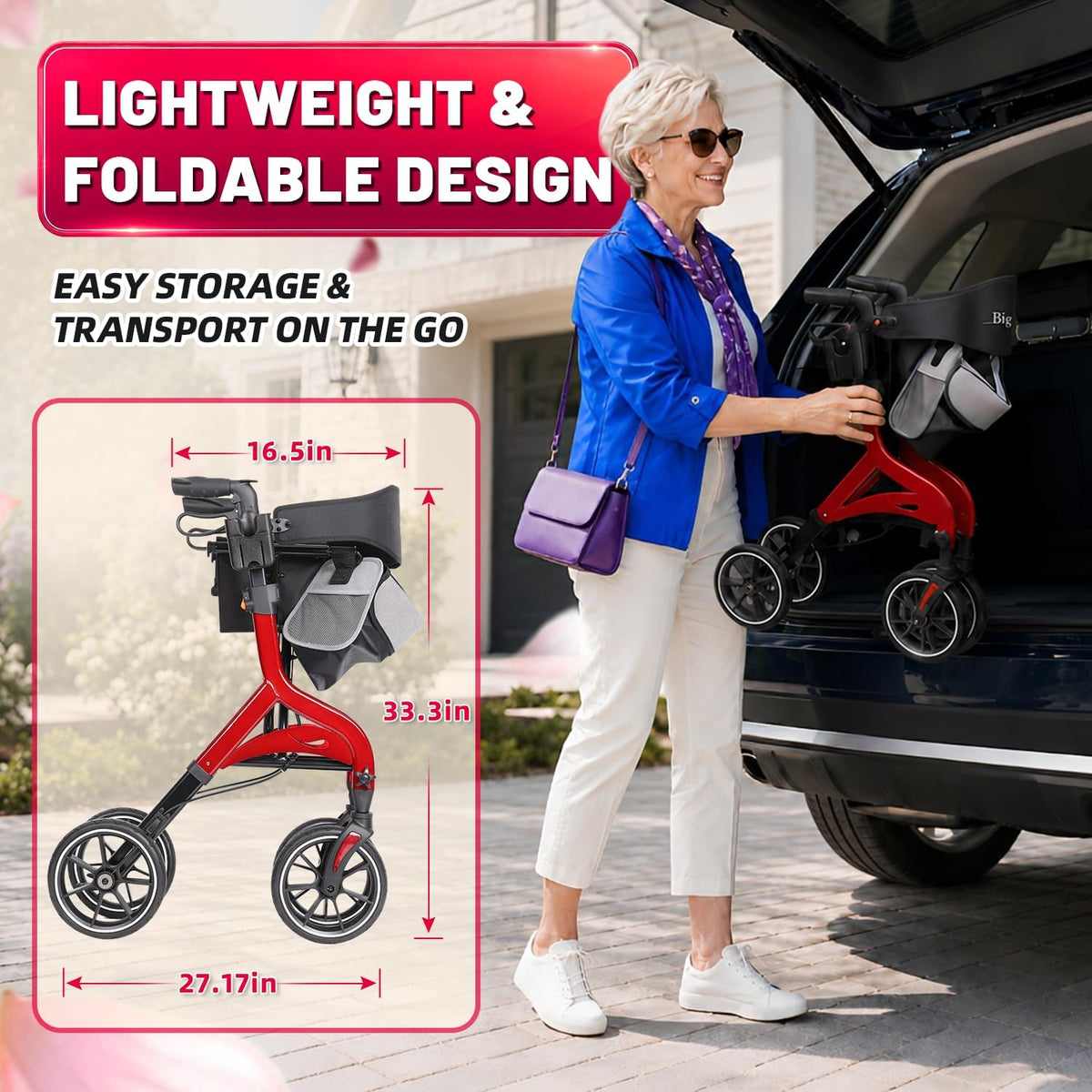 Foldable Red Rollator Walker with Seat Z8028