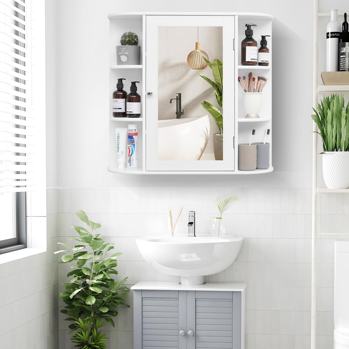 White Bathroom Medicine Cabinet with Mirror and Adjustable Shelves N468797