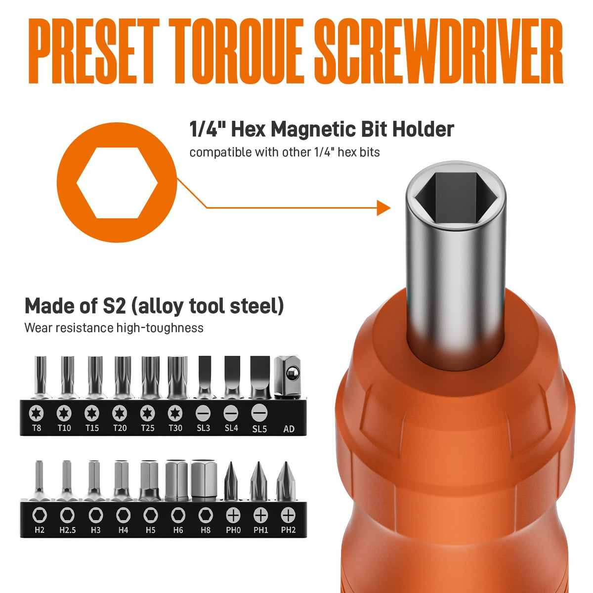 Torque Screwdriver Set, 10-70 In-lb, 1/4” Drive with Audible Click F95418