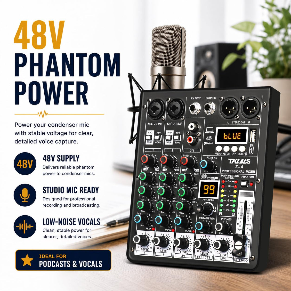 4 Channel Podcast Audio Mixer with 99 DSP Effects D301