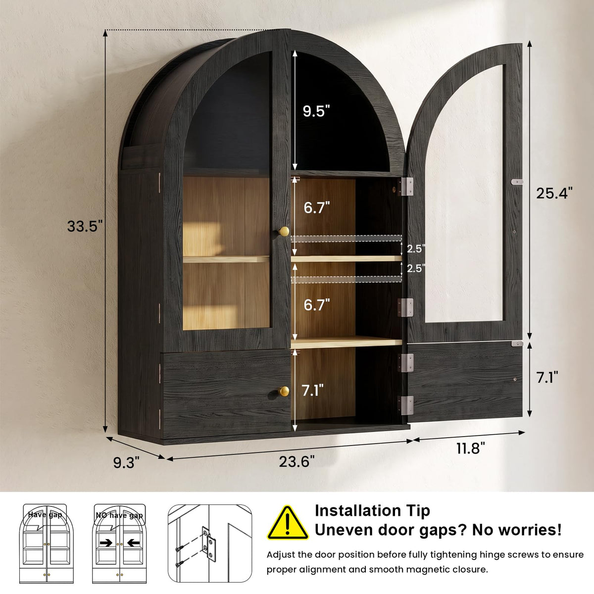 Black Arched Wall Mounted Cabinet with Glass Doors S355128