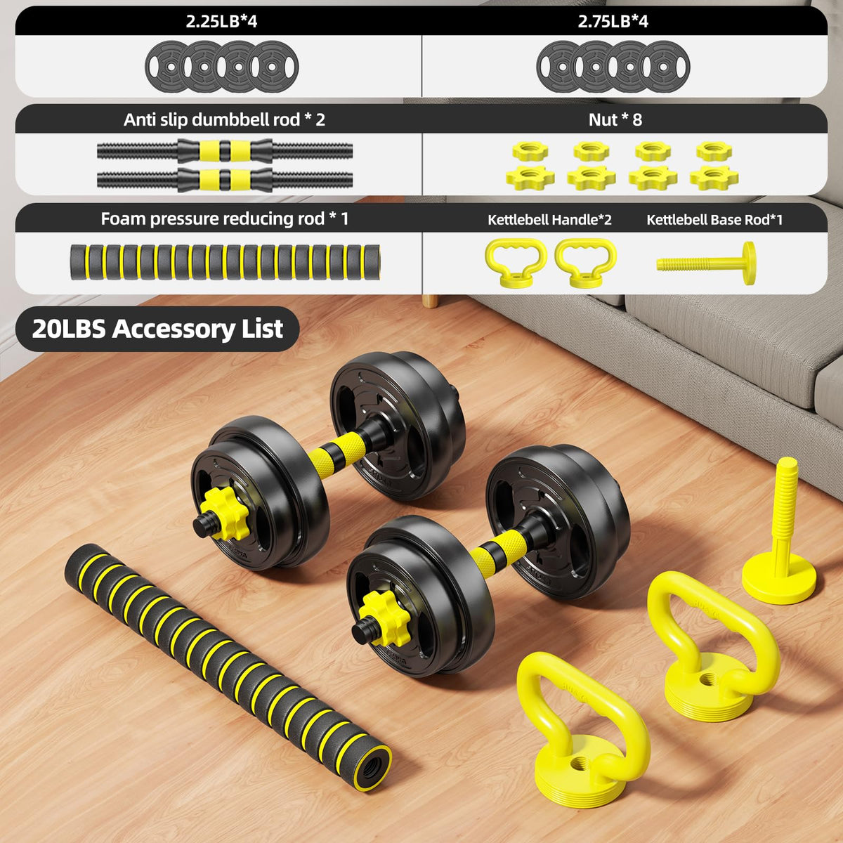 Adjustable Dumbbell Set 10-90lbs Free Weights Y1004