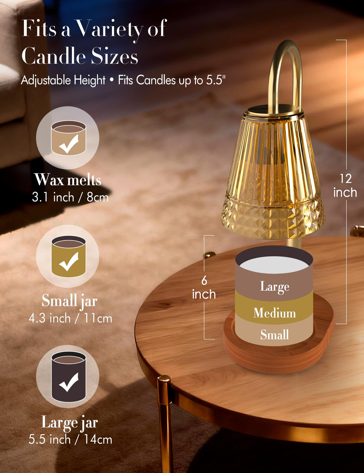 Candle Warmer Lamp with Timer Dimmer, Height Adjustable Wax Melt Warmer with 2 Bulbs, Gold F577127