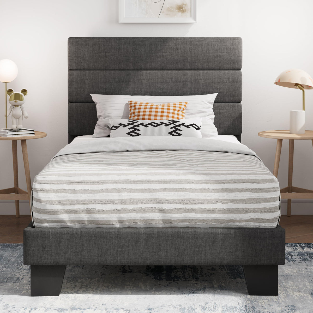 Twin Platform Bed Frame with Upholstered Fabric Headboard R509109