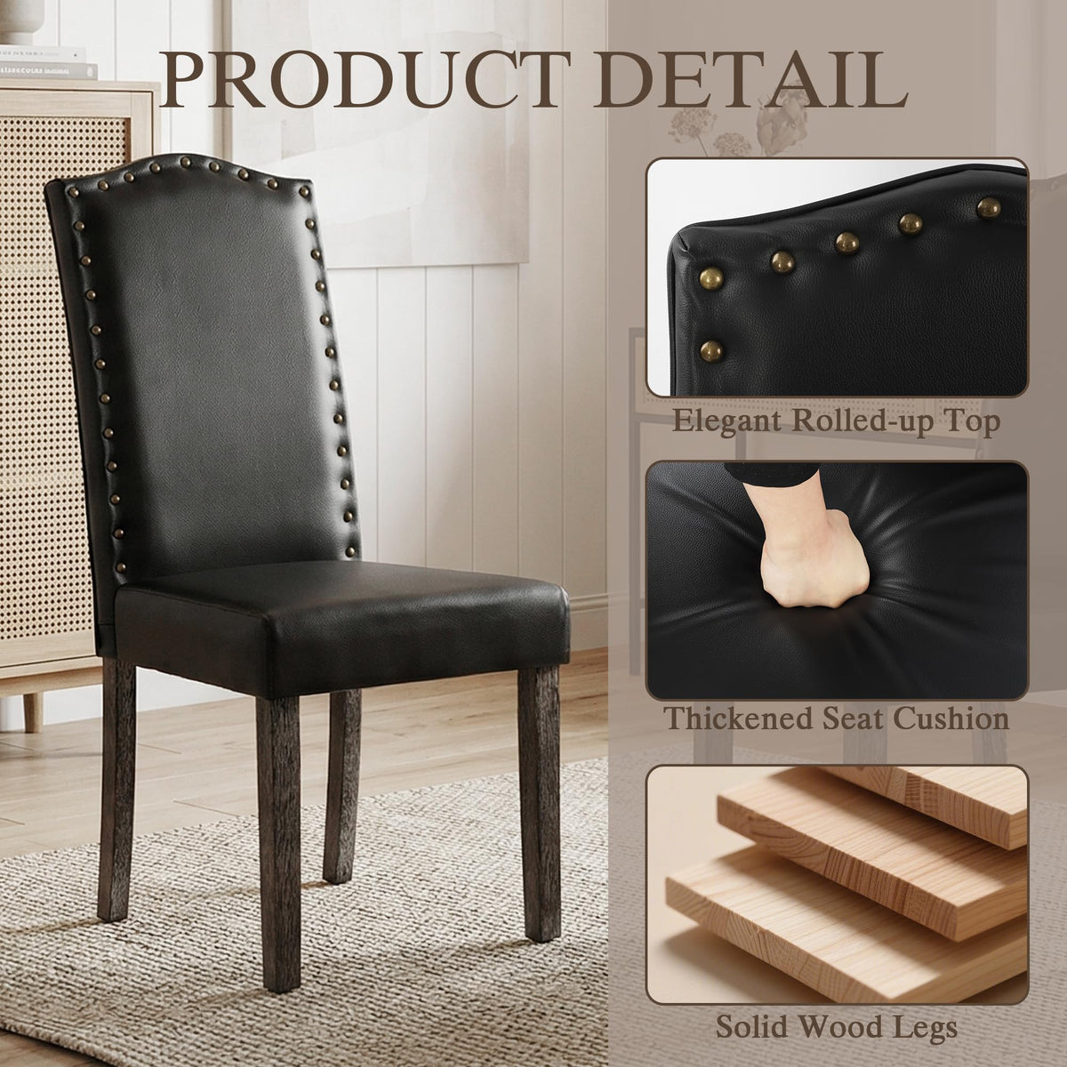 PU Dining Chair Set of 2 Upholstered with Copper Nails and Solid Wood Legs U37025