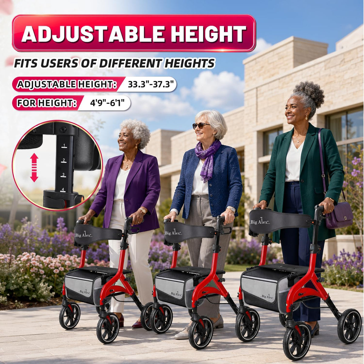 Foldable Red Rollator Walker with Seat Z8028