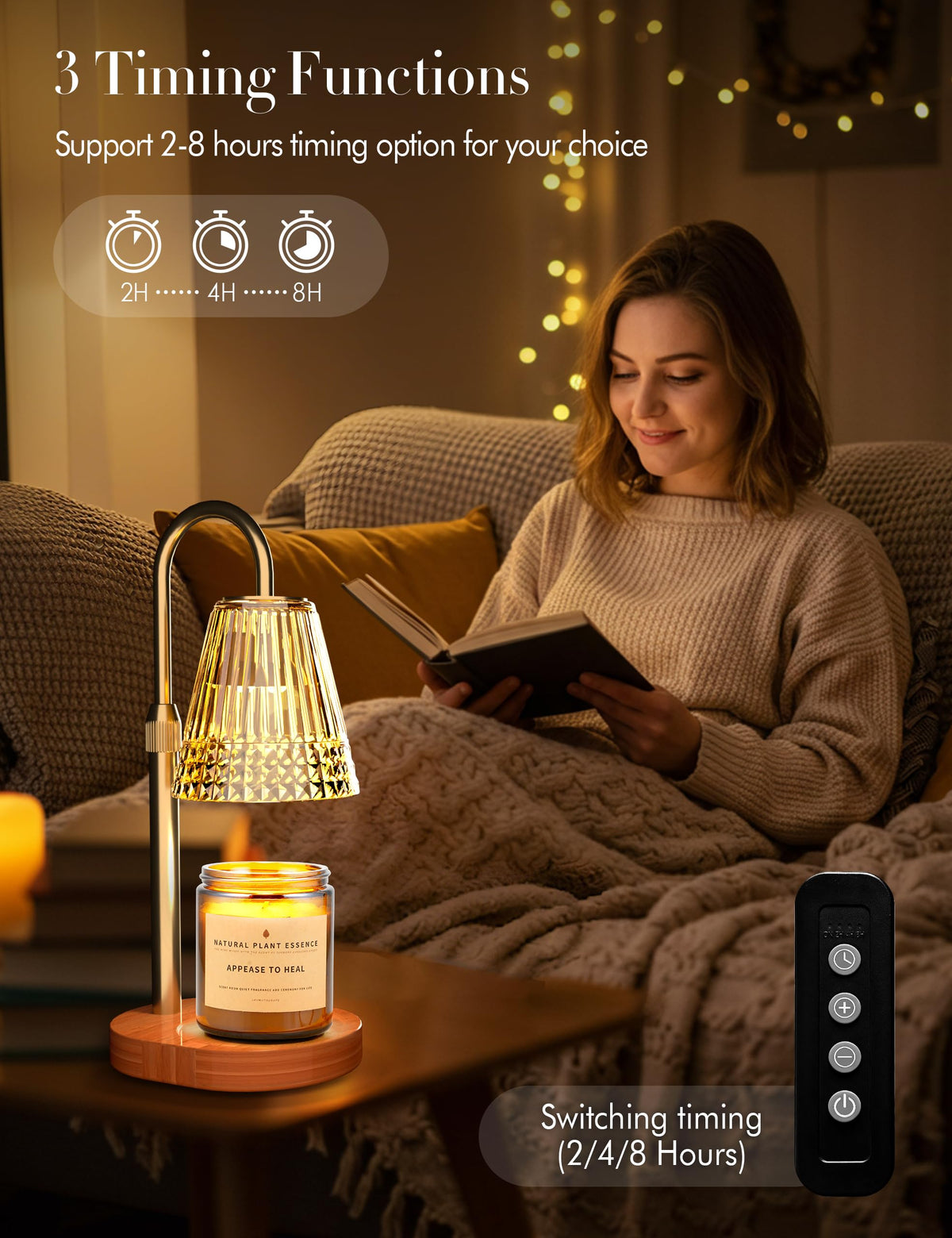 Candle Warmer Lamp with Timer Dimmer, Height Adjustable Wax Melt Warmer with 2 Bulbs, Gold F577127