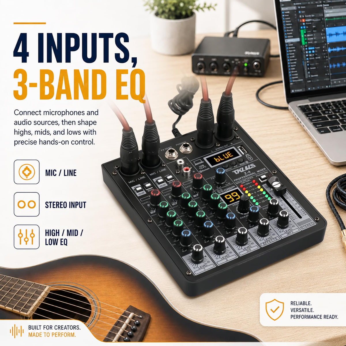 4 Channel Podcast Audio Mixer with 99 DSP Effects D301