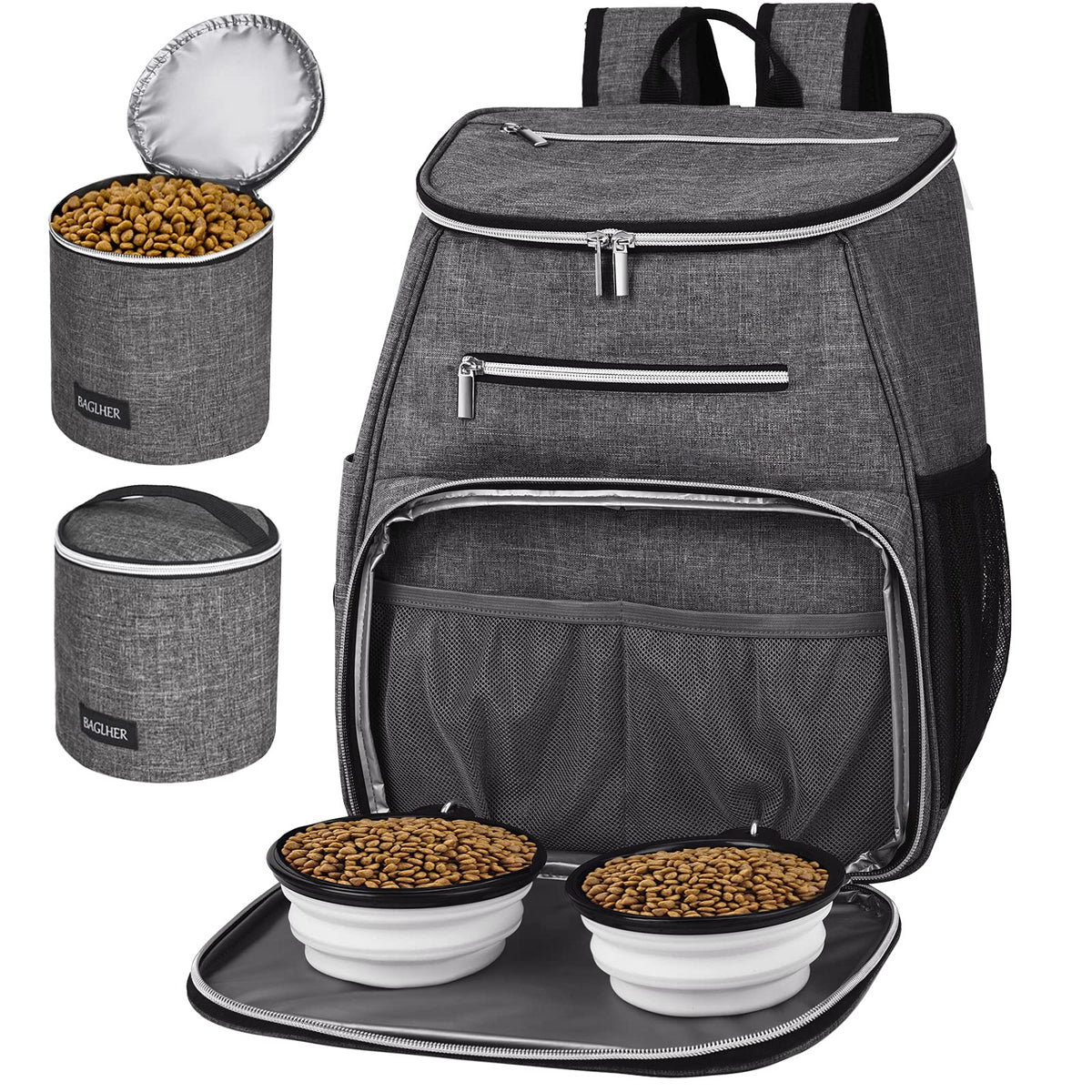 Dog Travel Bag Backpack with 2 Silicone Collapsible Bowls and 2 Food Baskets Grey Z339131