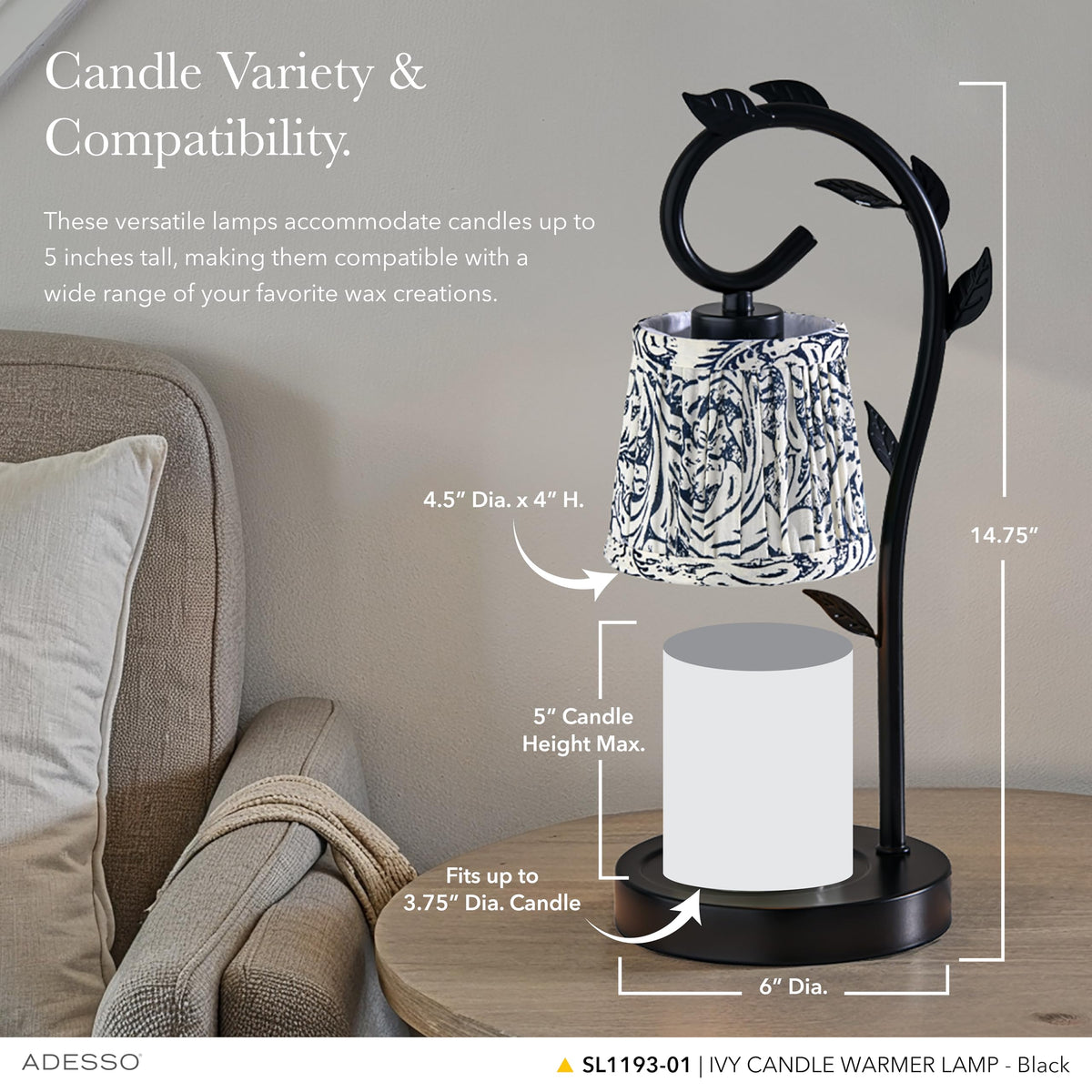 Black & White Printed Shade Dimmable Candle Warmer Lamp W474097