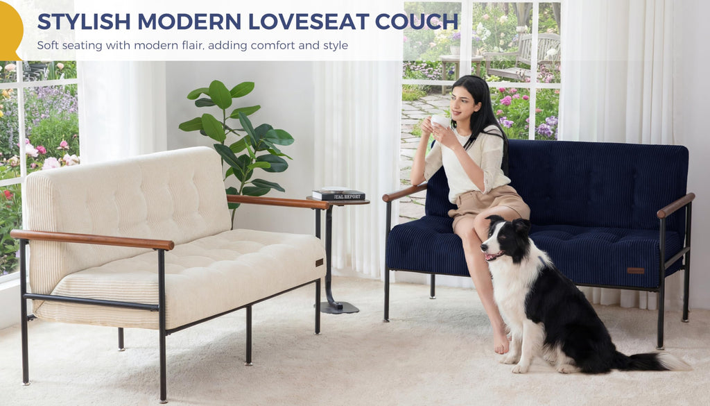 Loveseat Sofa Chair with Metal Frame and Wood Armrests I85630