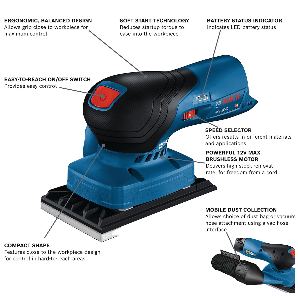 12V Brushless Orbital Finishing Sander with Dust Bag Q89866