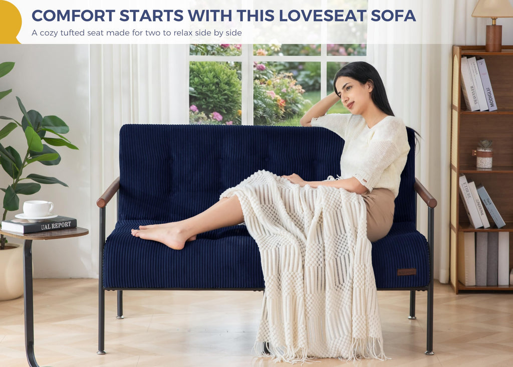 Loveseat Sofa Chair with Metal Frame and Wood Armrests I85630