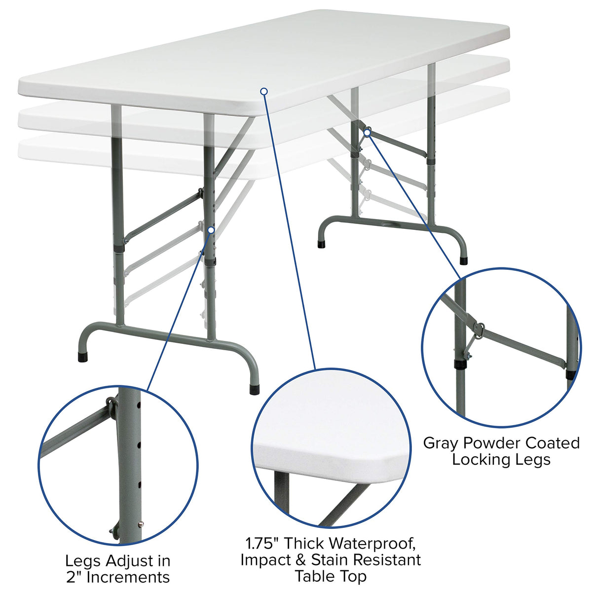 6-Foot Height Adjustable Granite White Plastic Folding Table B303599