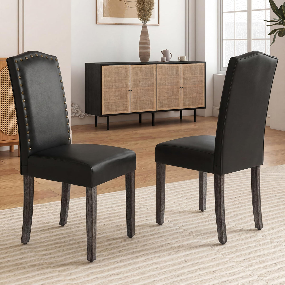 PU Dining Chair Set of 2 Upholstered with Copper Nails and Solid Wood Legs U37025