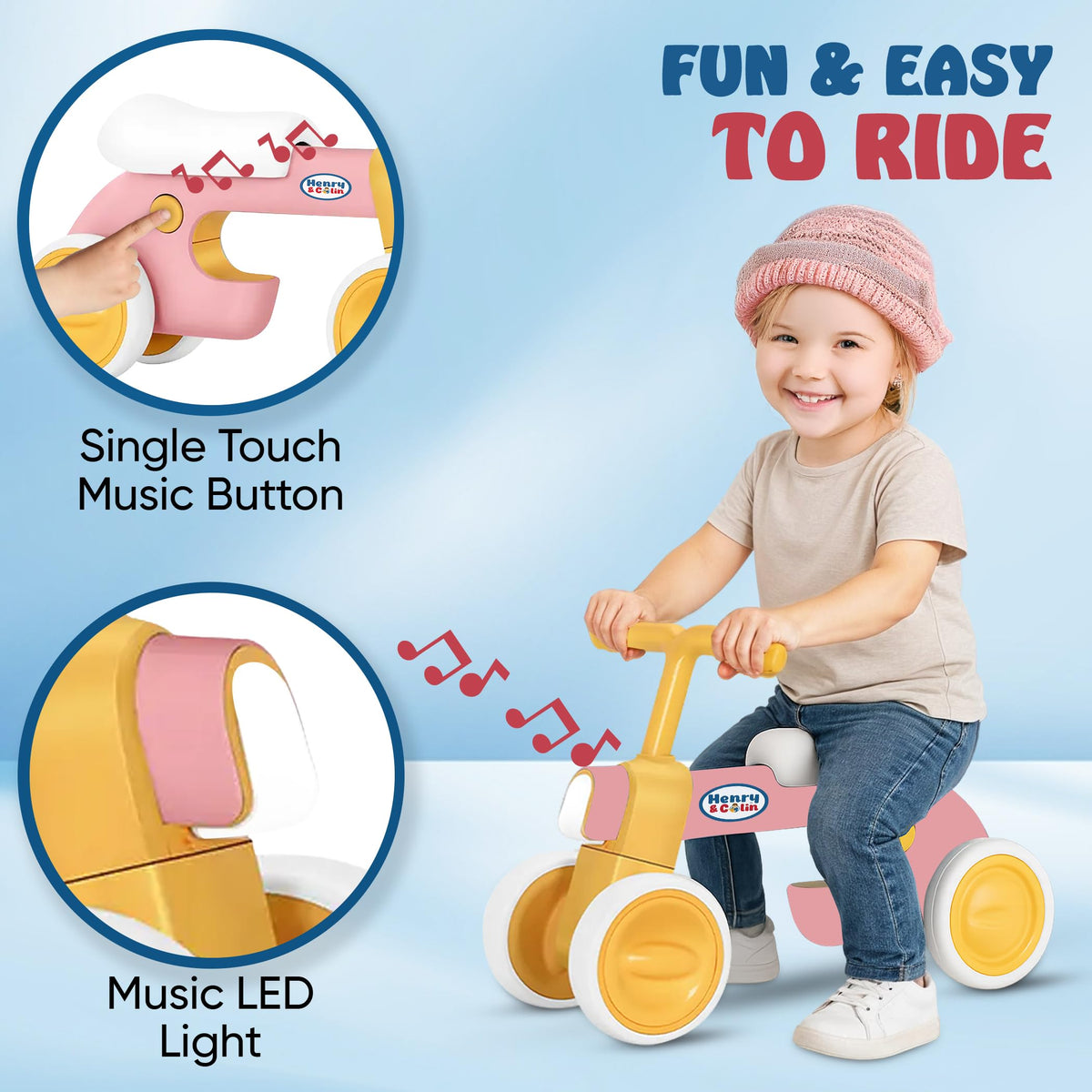 4 Wheel Toddler Balance Bike with Lights Music Soft Seat Pink D42152