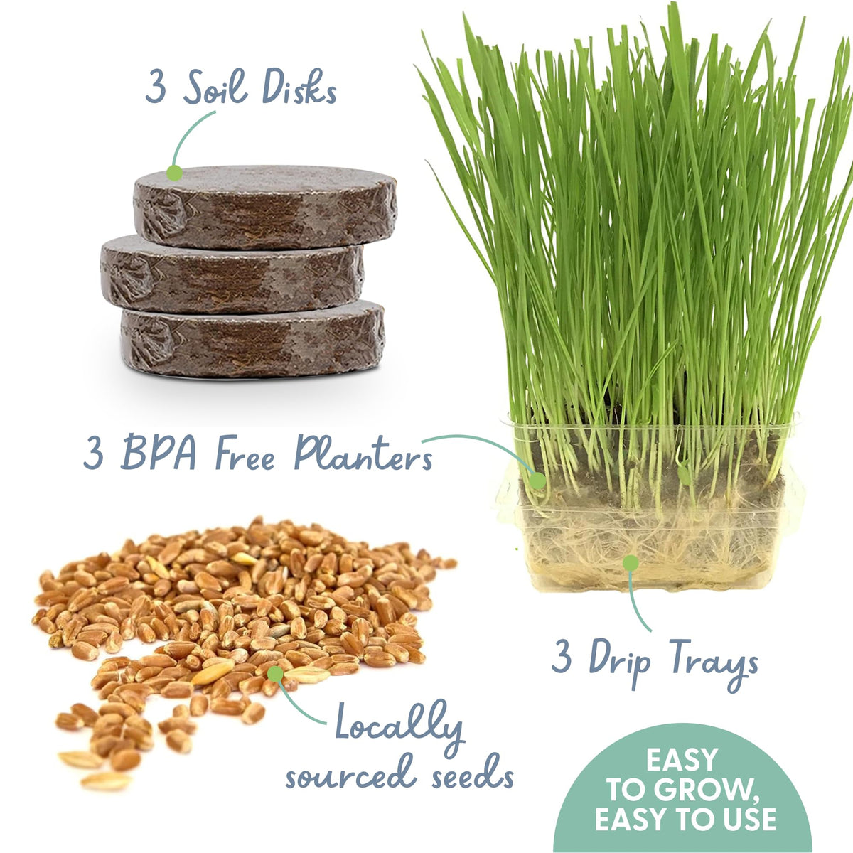 Organic Cat Grass Growing Kit with Seeds Soil and Containers 3 Pack M2303