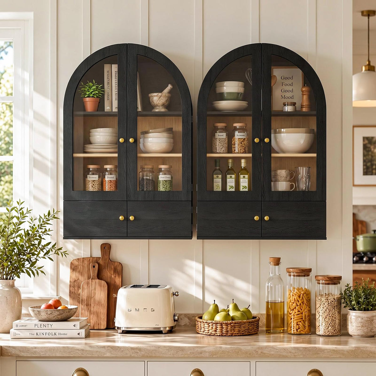 Black Arched Wall Mounted Cabinet with Glass Doors S355128