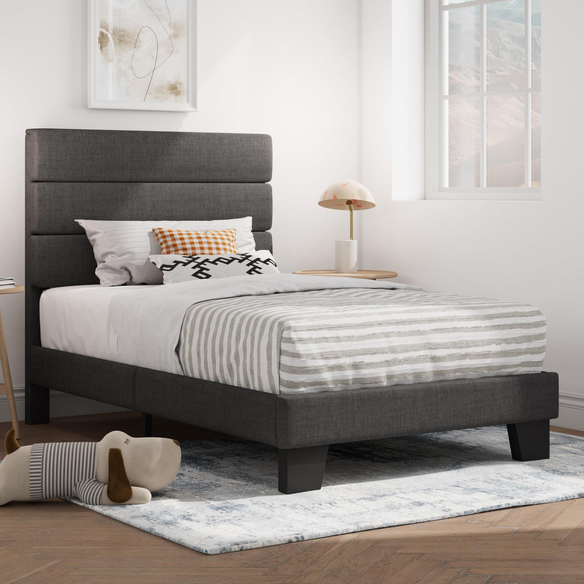 Twin Platform Bed Frame with Upholstered Fabric Headboard R509109