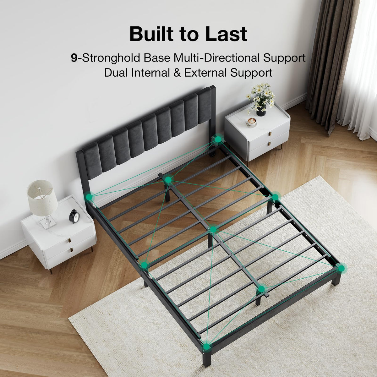 Full Size Metal Platform Bed Frame with Velvet Black Headboard and Footboard A2870