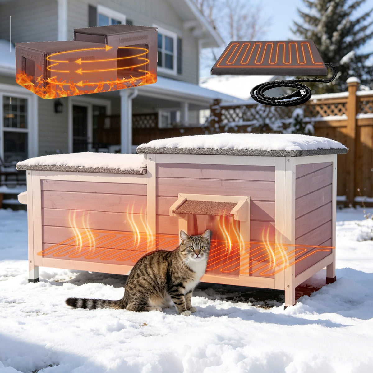 Large 2-Room Weatherproof Heated Cat House O536471