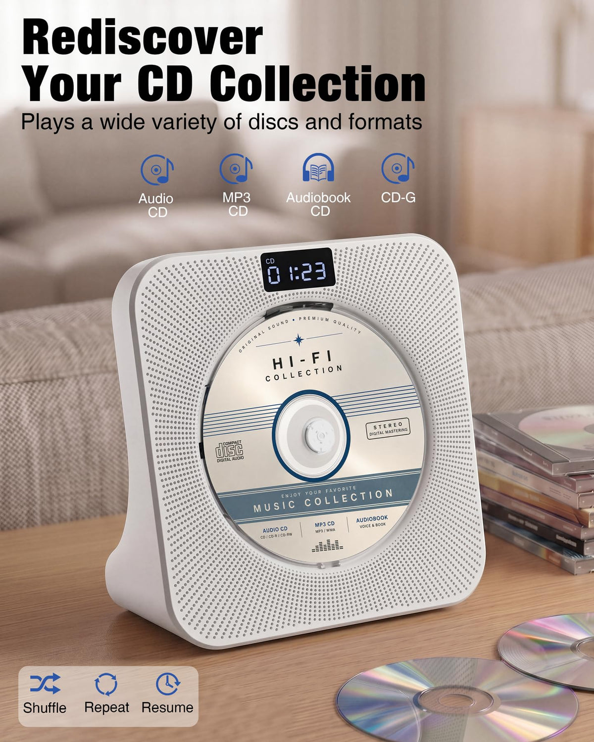 Portable CD Player with Bluetooth FM Radio USB White K22945