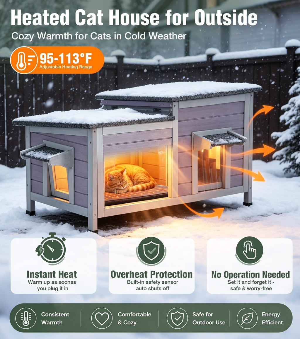 Large 2-Room Weatherproof Heated Cat House O536471