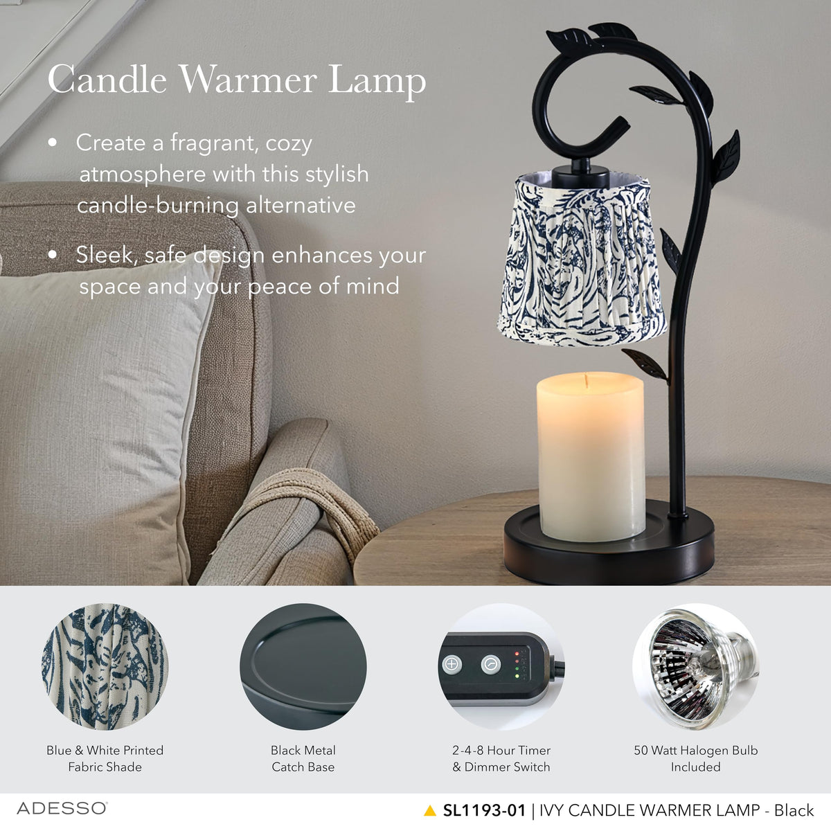 Black & White Printed Shade Dimmable Candle Warmer Lamp W474097