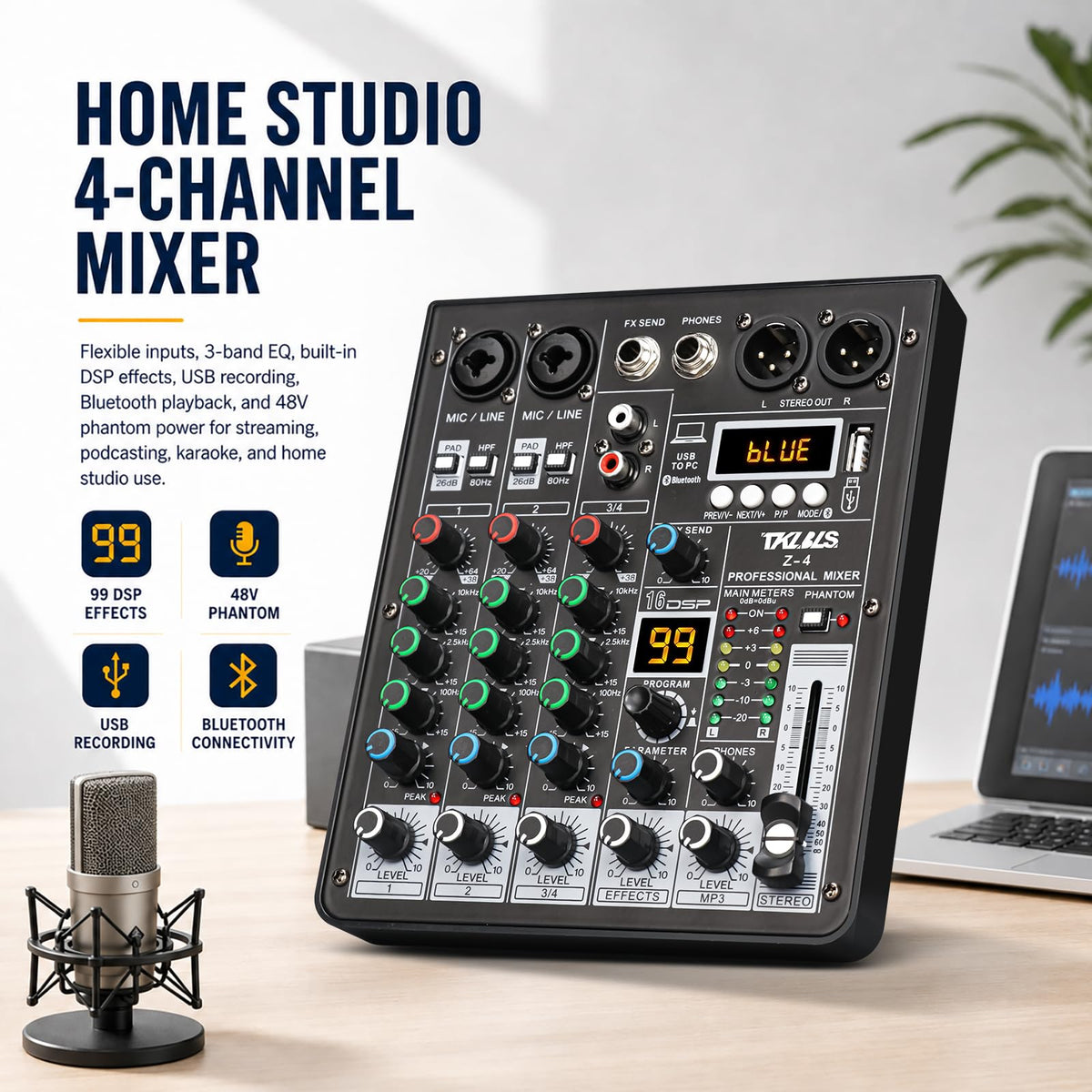 4 Channel Podcast Audio Mixer with 99 DSP Effects D301