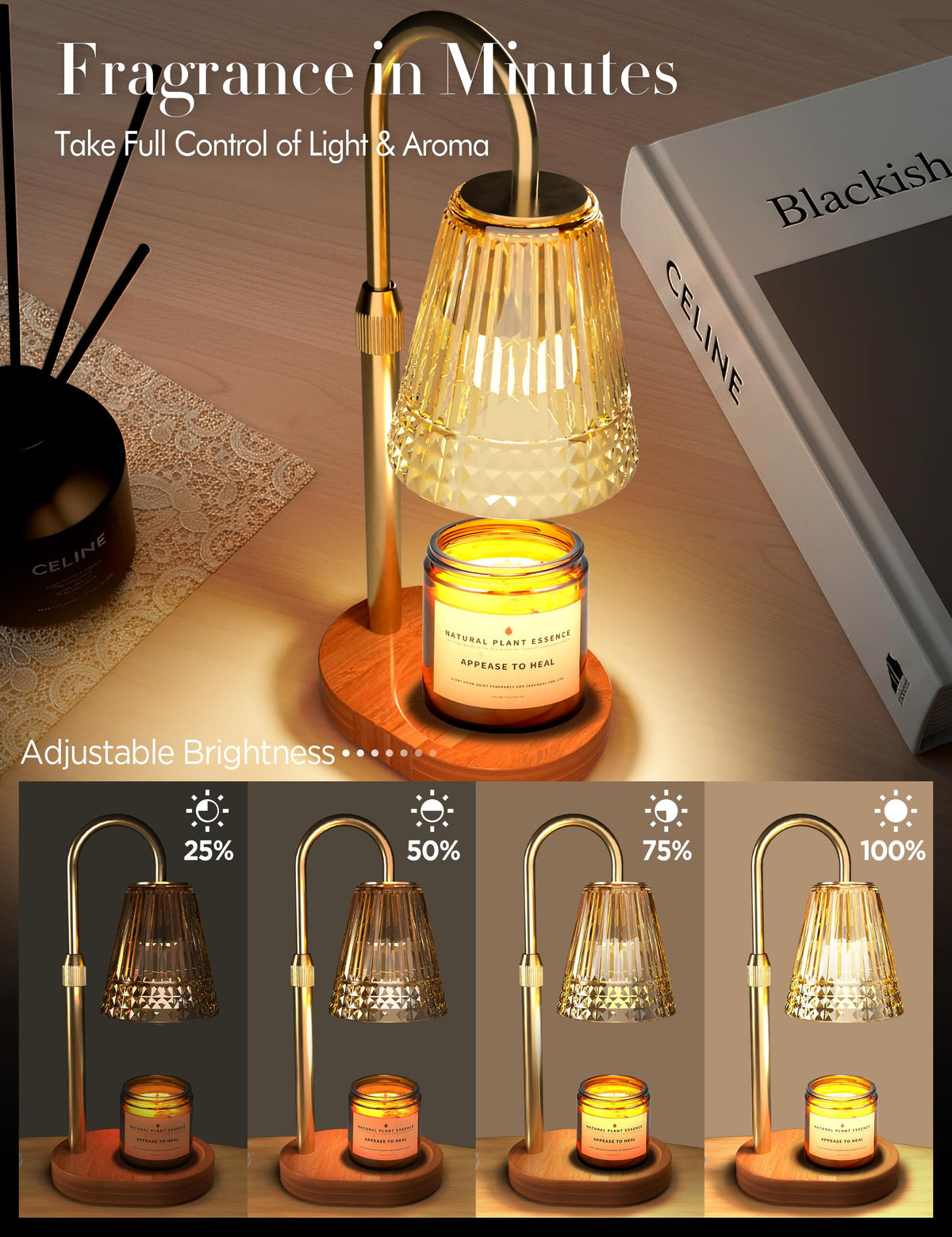 Candle Warmer Lamp with Timer Dimmer, Height Adjustable Wax Melt Warmer with 2 Bulbs, Gold F577127