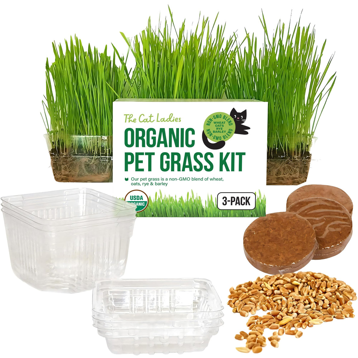 Organic Cat Grass Growing Kit with Seeds Soil and Containers 3 Pack M2303