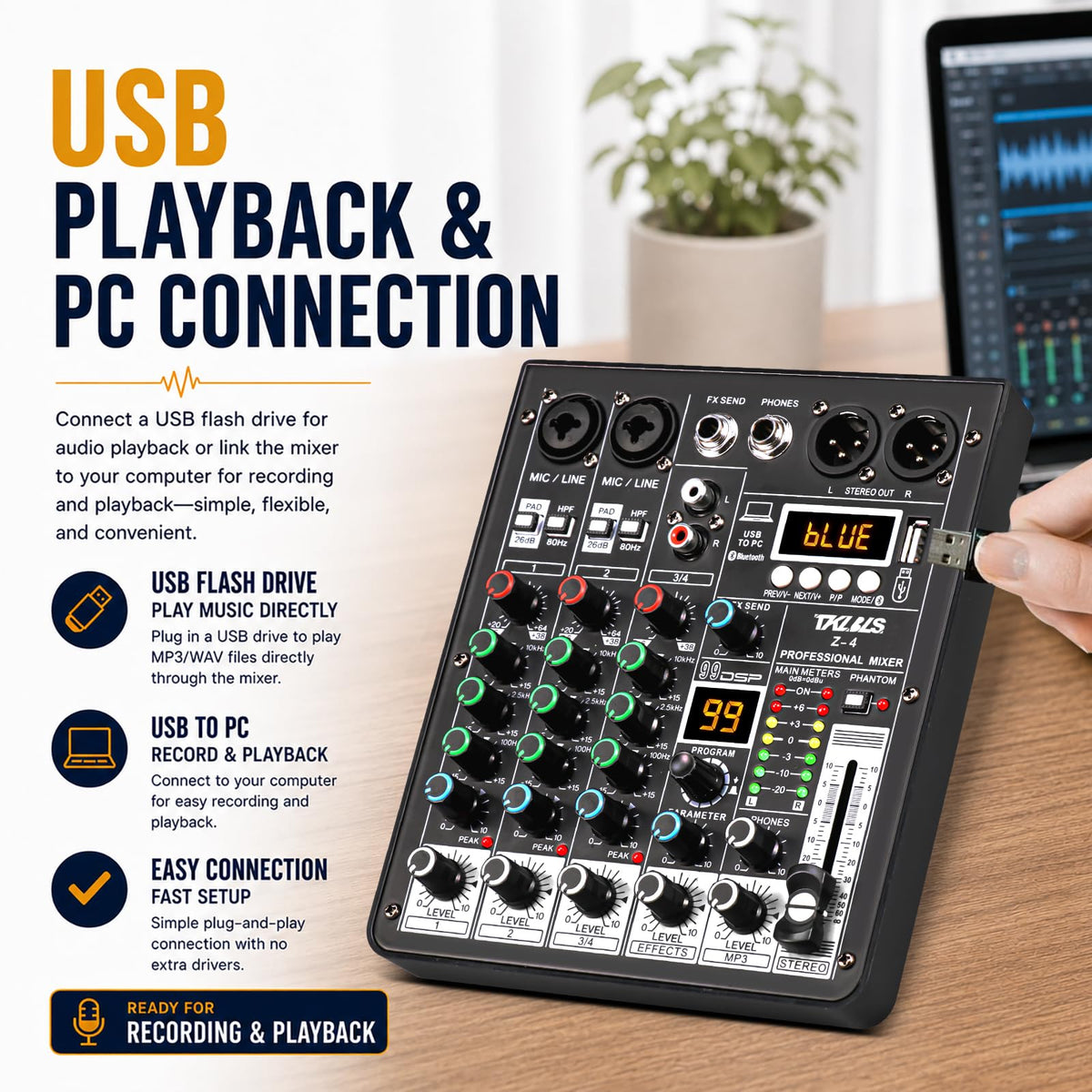 4 Channel Podcast Audio Mixer with 99 DSP Effects D301