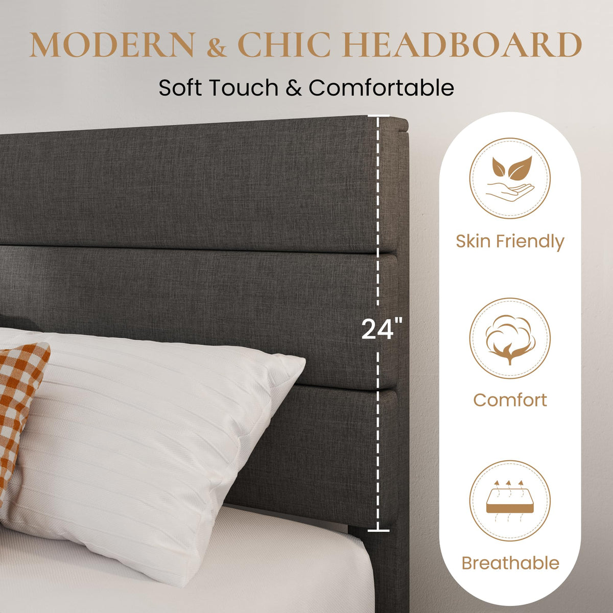 Twin Platform Bed Frame with Upholstered Fabric Headboard R509109