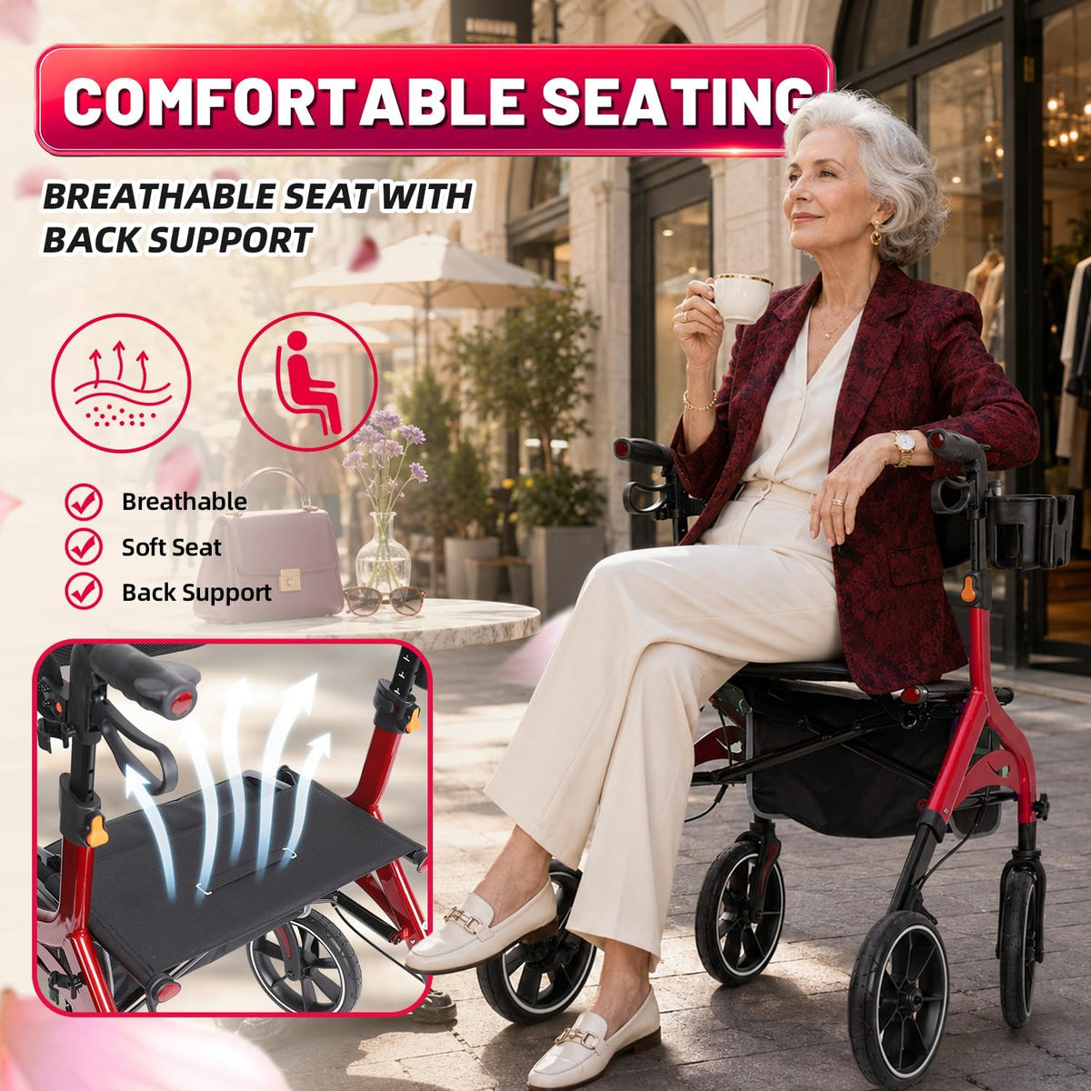 Foldable Red Rollator Walker with Seat Z8028