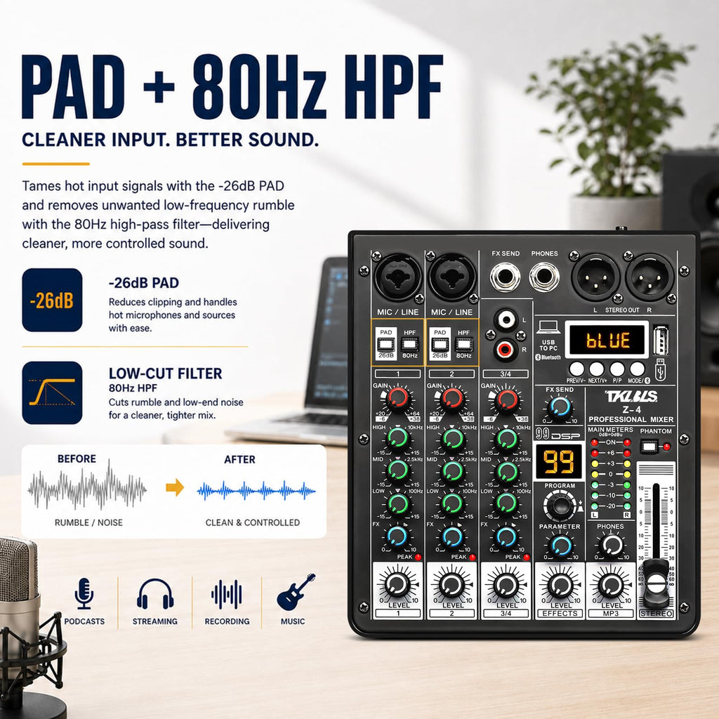 4 Channel Podcast Audio Mixer with 99 DSP Effects D301