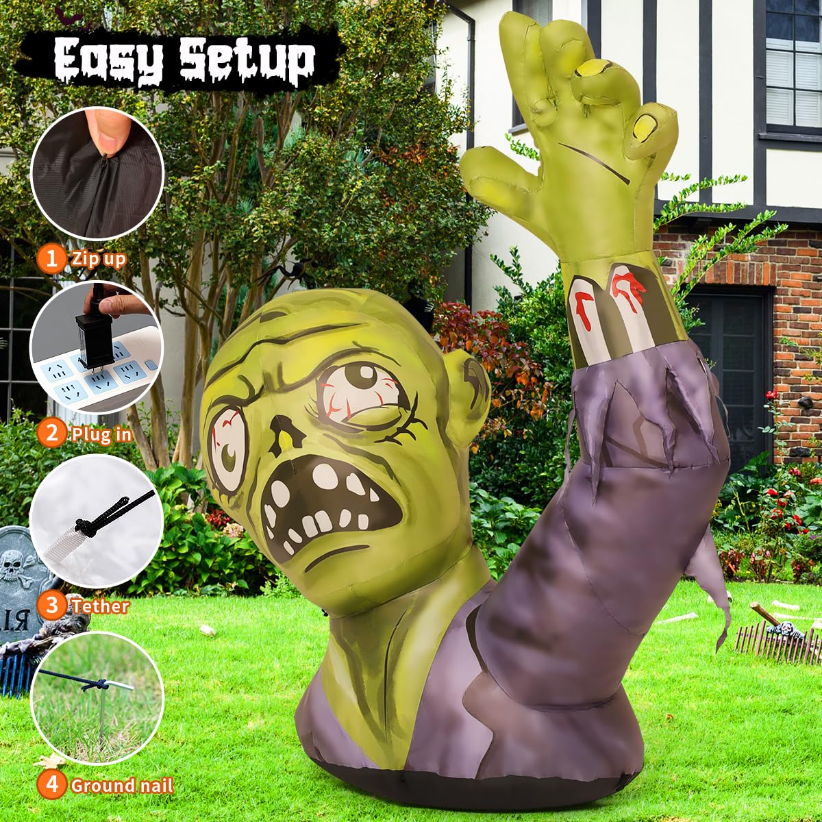 5.2 FT Halloween Inflatables Green Zombies with Built-in LEDs J81367