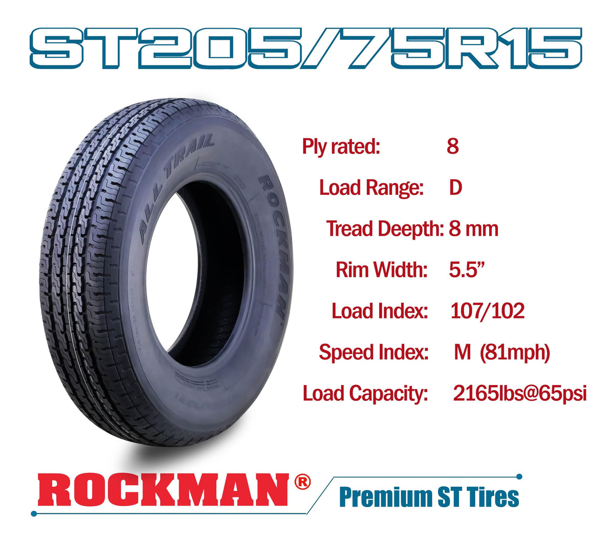 Trailer Tire Wheel ST205/75R15 8-Ply Silver Mod Rim O226