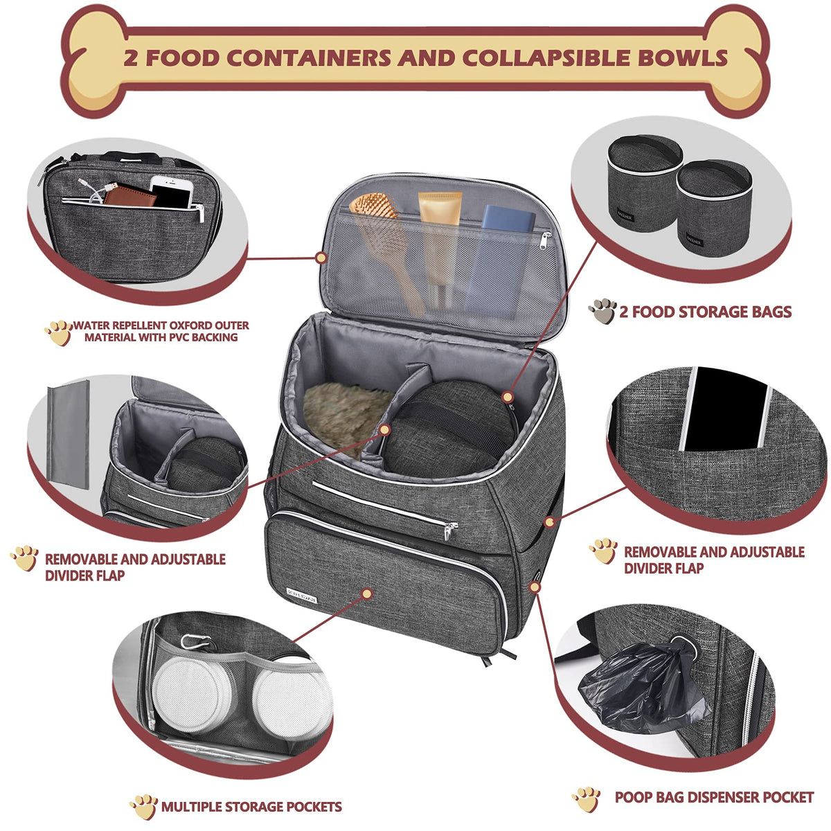 Dog Travel Bag Backpack with 2 Silicone Collapsible Bowls and 2 Food Baskets Grey Z339131