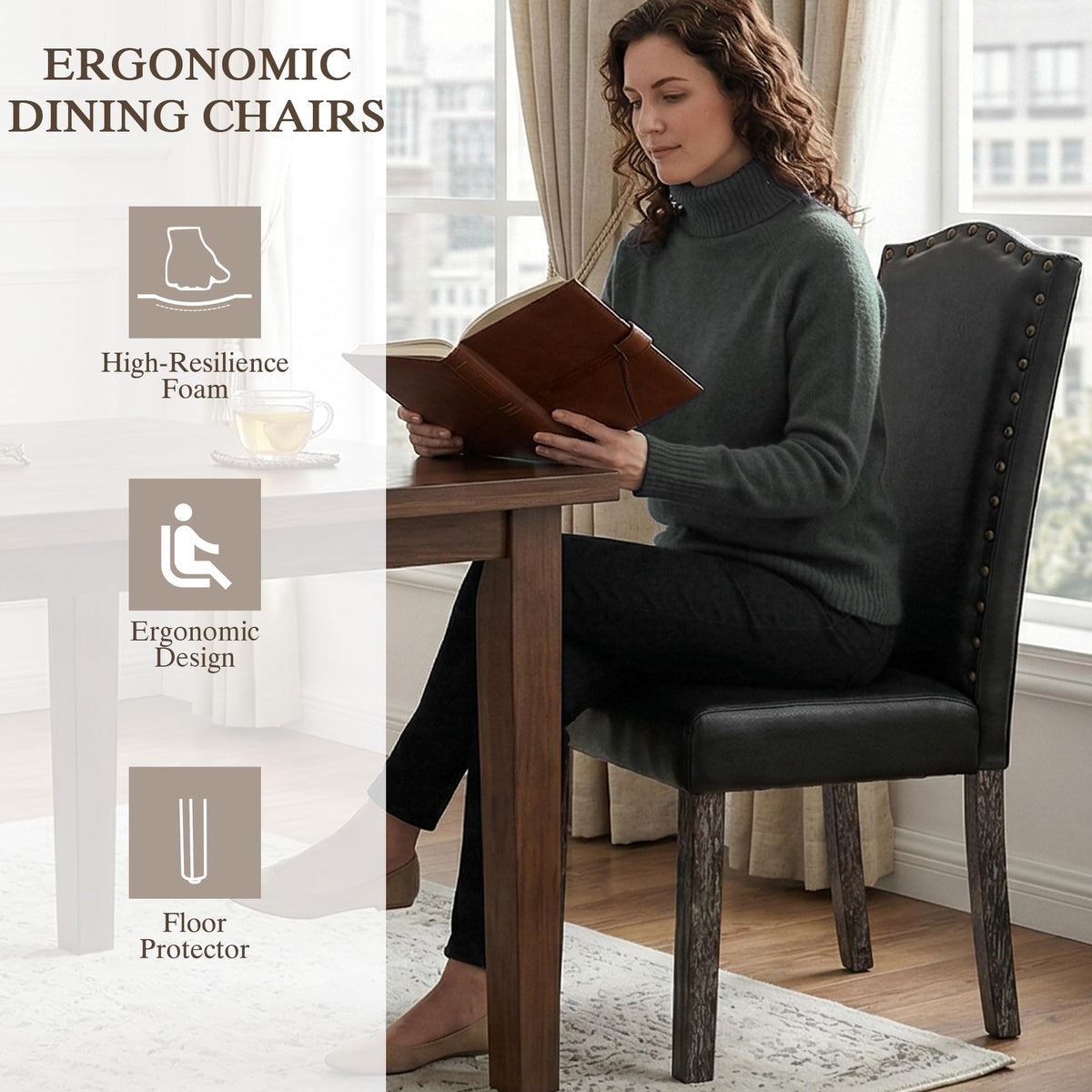 PU Dining Chair Set of 2 Upholstered with Copper Nails and Solid Wood Legs U37025