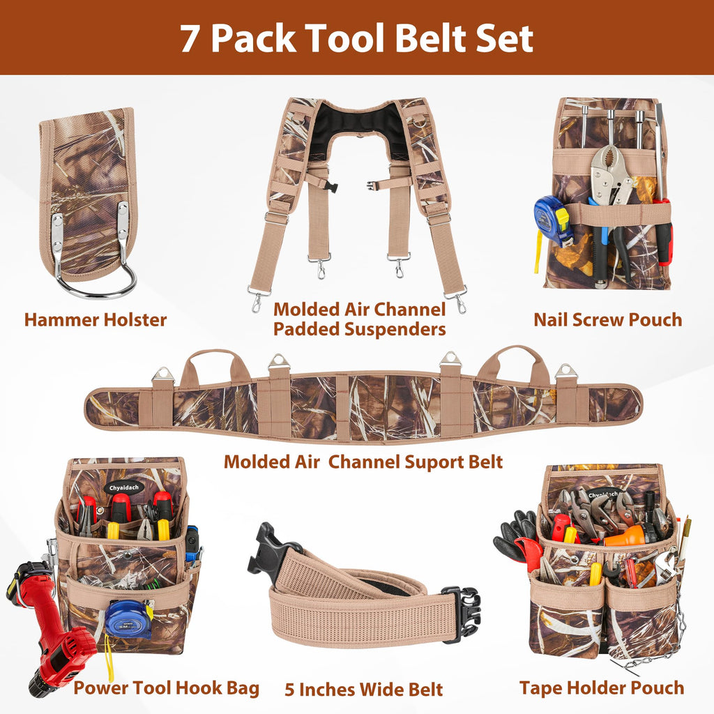 Camo 7 Piece Tool Belts with Suspenders and Pouches J45534